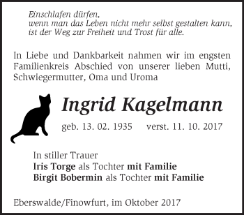 Traueranzeige von Ingrid Kagelmann von Märkische Oderzeitung