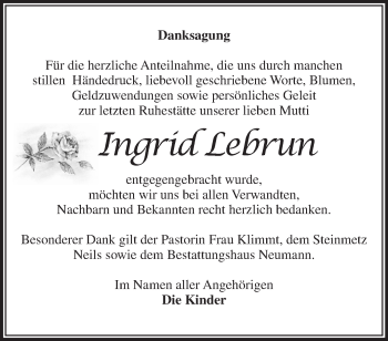 Traueranzeige von Ingrid Lebrun von Märkische Oderzeitung