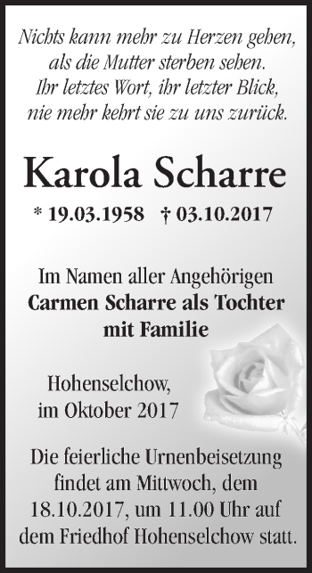 Traueranzeige von Karola Scharre von Märkische Oderzeitung