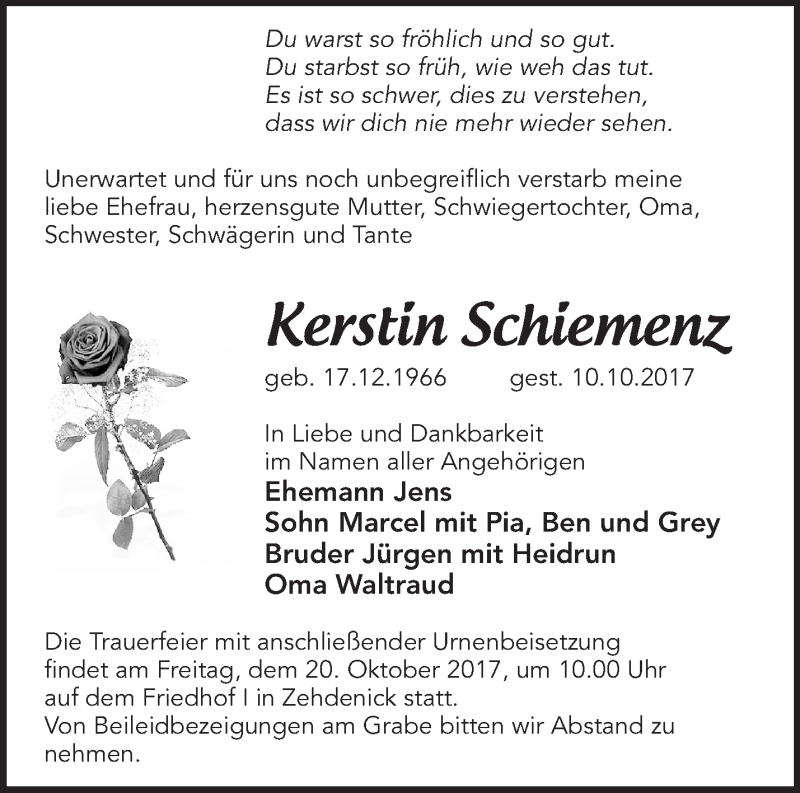  Traueranzeige für Kerstin Schiemenz vom 14.10.2017 aus Märkische Oderzeitung