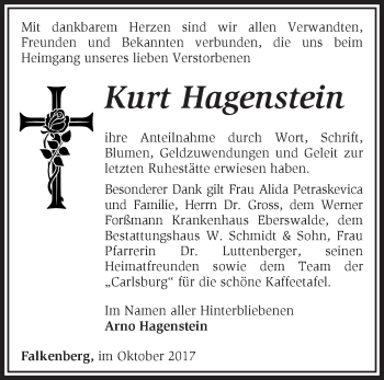 Traueranzeige von Kurt Hagenstein von Märkische Oderzeitung