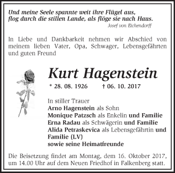 Traueranzeige von Kurt Hagenstein von Märkische Oderzeitung