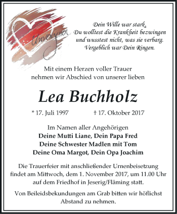 Traueranzeige von Lea Buchholz von Märkische Oderzeitung