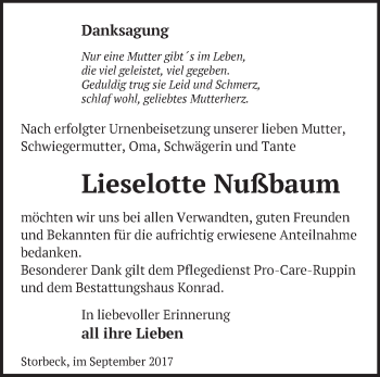 Traueranzeige von Lieselotte Nußbaum von Märkische Oderzeitung