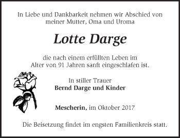 Traueranzeige von Lotte Darge von Märkische Oderzeitung