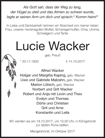 Traueranzeige von Lucie Wacker von Märkische Oderzeitung