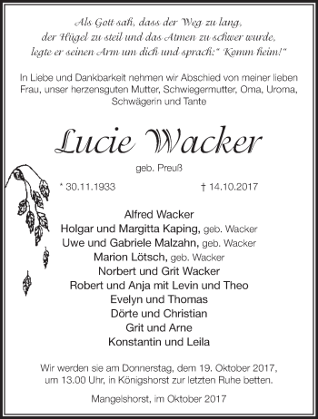 Traueranzeige von Lucie Wacker von Märkische Oderzeitung