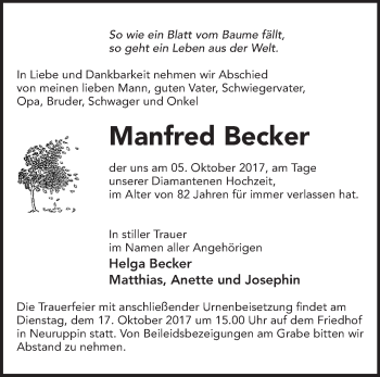 Traueranzeige von Manfred Becker von Märkische Oderzeitung