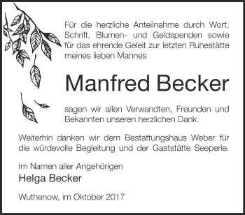 Traueranzeige von Manfred Becker von Märkische Oderzeitung