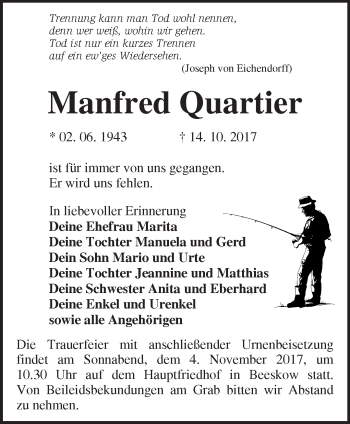 Traueranzeige von Manfred Quartier von Märkische Oderzeitung