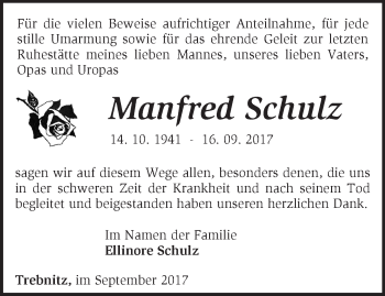 Traueranzeige von Manfred Schulz von Märkische Oderzeitung