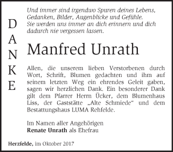 Traueranzeige von Manfred Unrath von Märkische Oderzeitung