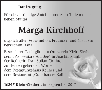 Traueranzeige von Marga Kirchhoff von Märkische Oderzeitung