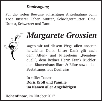 Traueranzeige von Margarete Grossien von Märkische Oderzeitung