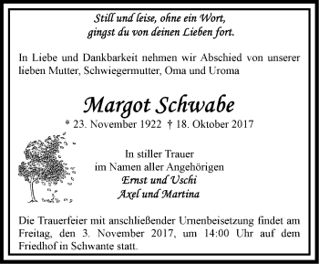 Traueranzeige von Margot Schwabe von Märkische Oderzeitung