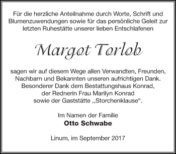 Traueranzeige von Margot Torlob von Märkische Oderzeitung