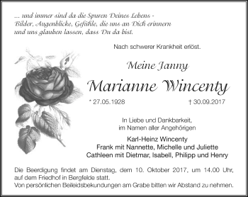 Traueranzeige von Marianne Wincenty von Märkische Oderzeitung