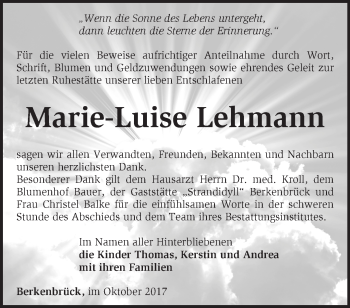 Traueranzeige von Marie-Luise Lehmann von Märkische Oderzeitung