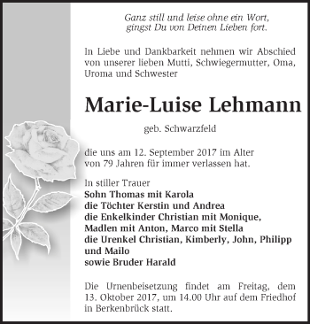 Traueranzeige von Marie-Luise Lehmann von Märkische Oderzeitung