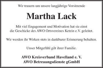 Traueranzeige von Martha Lack von Märkische Oderzeitung