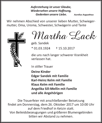 Traueranzeige von Martha Lack von Märkische Oderzeitung