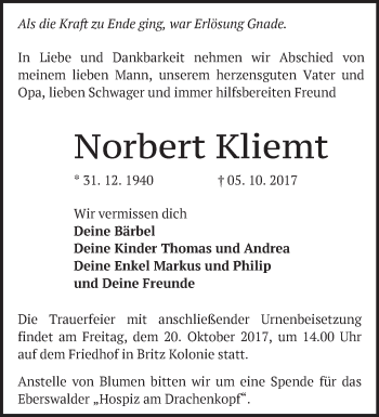 Traueranzeige von Norbert Kliemt von Märkische Oderzeitung