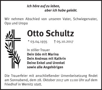 Traueranzeige von Otto Schultz von Märkische Oderzeitung