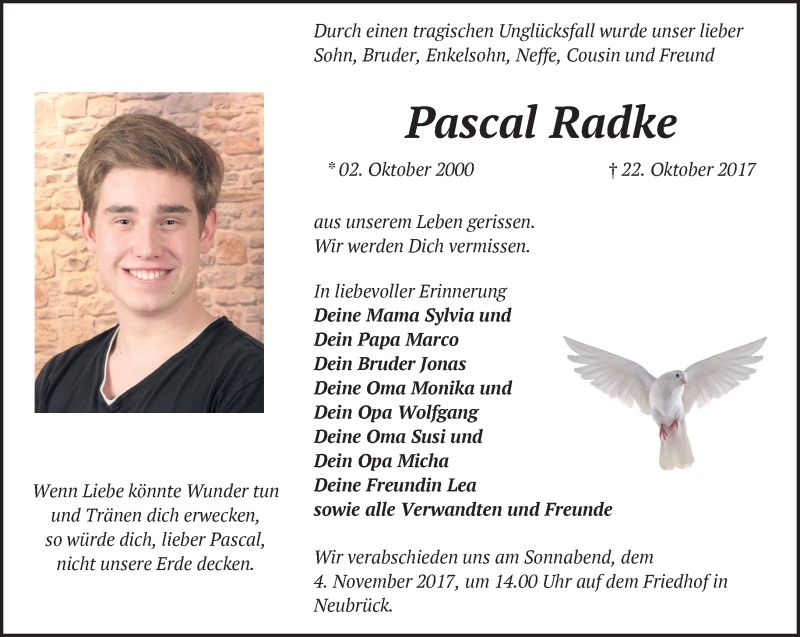  Traueranzeige für Pascal Radke vom 28.10.2017 aus Märkische Oderzeitung
