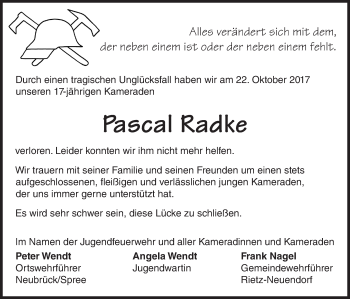 Traueranzeige von Pascal Radke von Märkische Oderzeitung