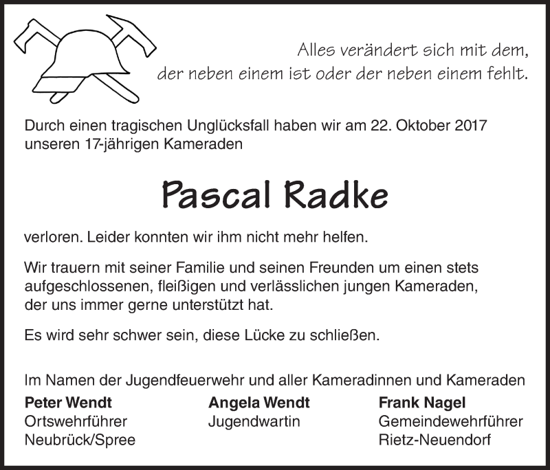  Traueranzeige für Pascal Radke vom 28.10.2017 aus Märkische Oderzeitung