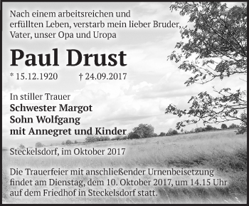 Traueranzeige von Paul Drust von Märkische Oderzeitung