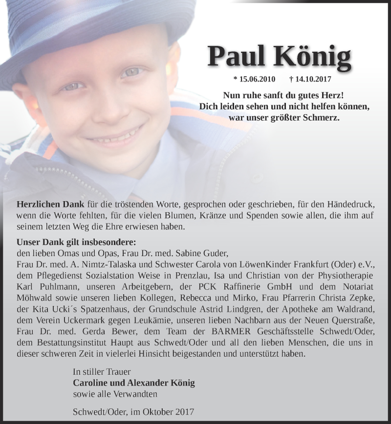  Traueranzeige für Paul König vom 28.10.2017 aus Märkische Oderzeitung