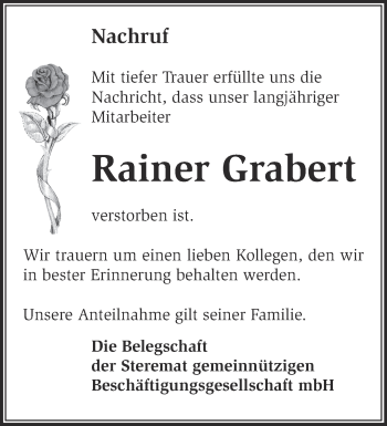 Traueranzeige von Rainer Grabert von Märkische Oderzeitung