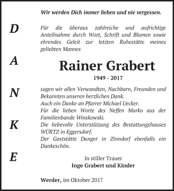 Traueranzeige von Rainer Grabert von Märkische Oderzeitung