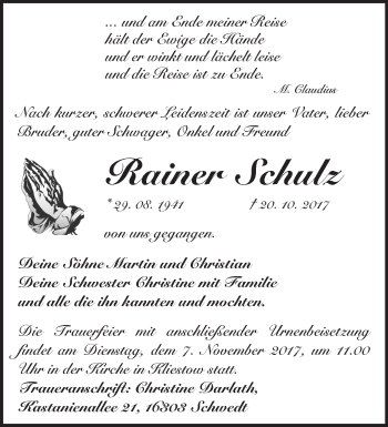 Traueranzeige von Rainer Schulz von Märkische Oderzeitung