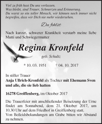 Traueranzeige von Regina Kronfeld von Märkische Oderzeitung