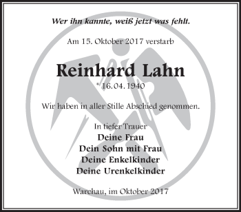 Traueranzeige von Reinhard Lahn von Märkische Oderzeitung