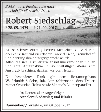 Traueranzeige von Robert Siedschlag von Märkische Oderzeitung