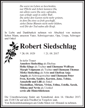 Traueranzeige von Robert Siedschlag von Märkische Oderzeitung