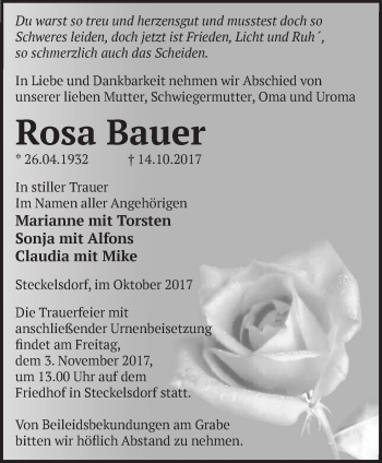 Traueranzeige von Rosa Bauer von Märkische Oderzeitung