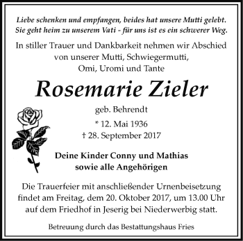 Traueranzeige von Rosemarie Zieler von Märkische Oderzeitung