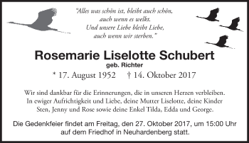 Traueranzeige von Rosemarie Liselotte Schubert von Märkische Oderzeitung