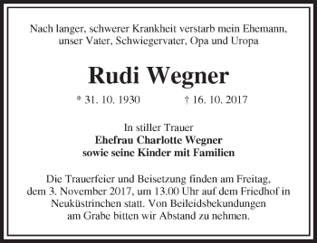 Traueranzeige von Rudi Wegner von Märkische Oderzeitung