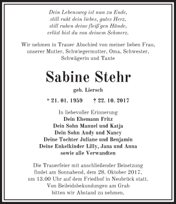 Traueranzeige von Sabine Stehr von Märkische Oderzeitung