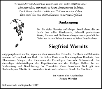 Traueranzeige von Siegfried Wernitz von Märkische Oderzeitung