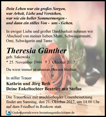 Traueranzeige von Theresia Günther von Märkische Oderzeitung