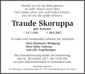 Traueranzeige von Traude Skoruppa von Märkische Oderzeitung