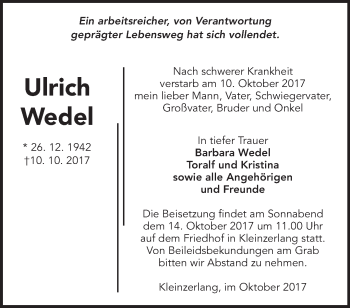 Traueranzeige von Ulrich Wedel von Märkische Oderzeitung