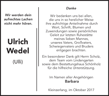 Traueranzeige von Ulrich Wedel von Märkische Oderzeitung