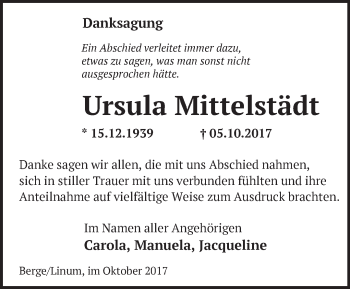 Traueranzeige von Ursula Mittelstädt von Märkische Oderzeitung